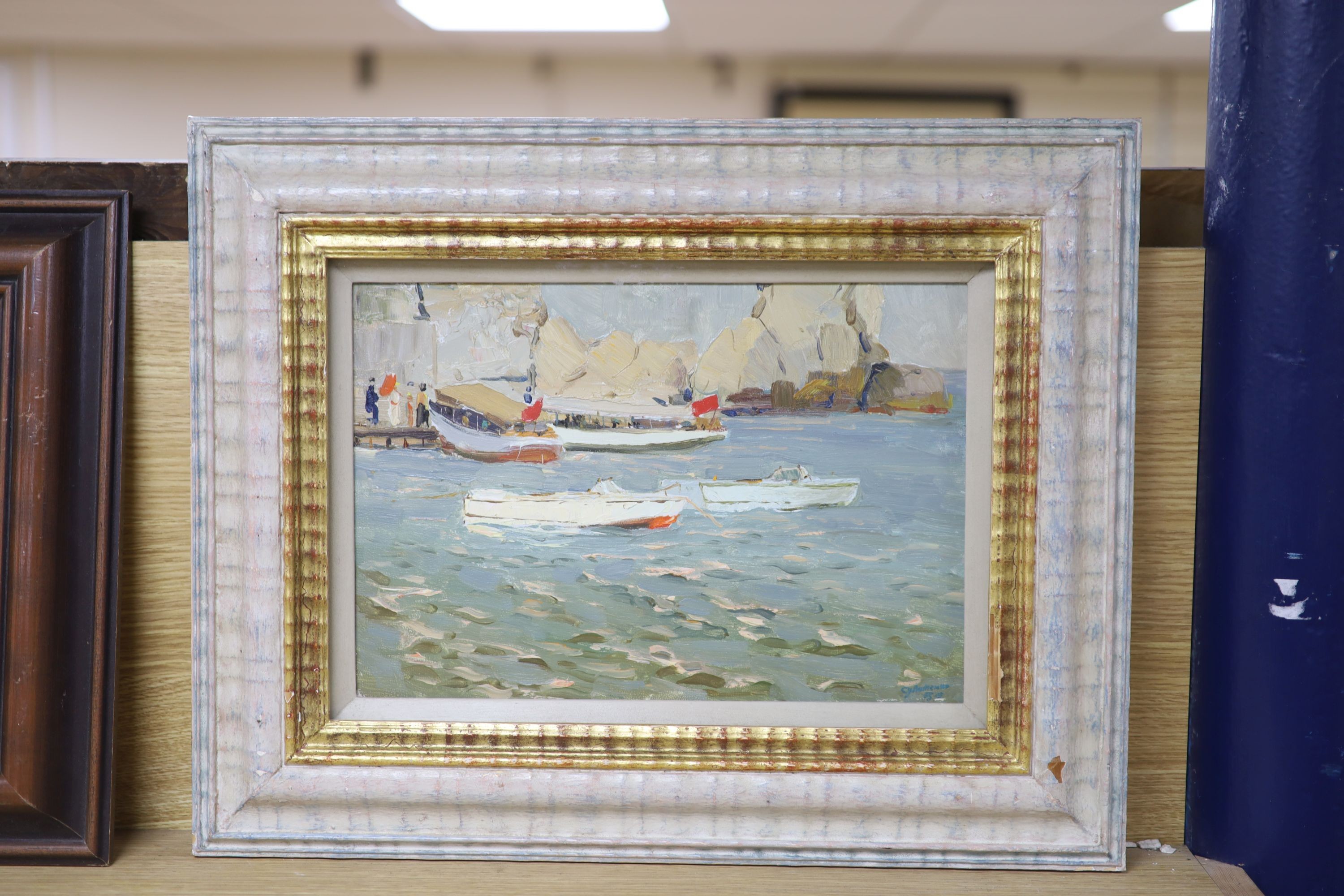 Piotr Soulimenko (b.1914), oil on card, Tourist boats, Crimea, signed and dated 1950, Roy Miles Gallery label verso, 22 x 33cm